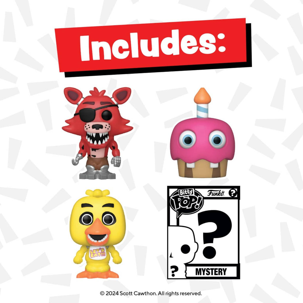 Five Nights at Freddy’s Bitty Pop! set showing three figures plus one mystery pop box