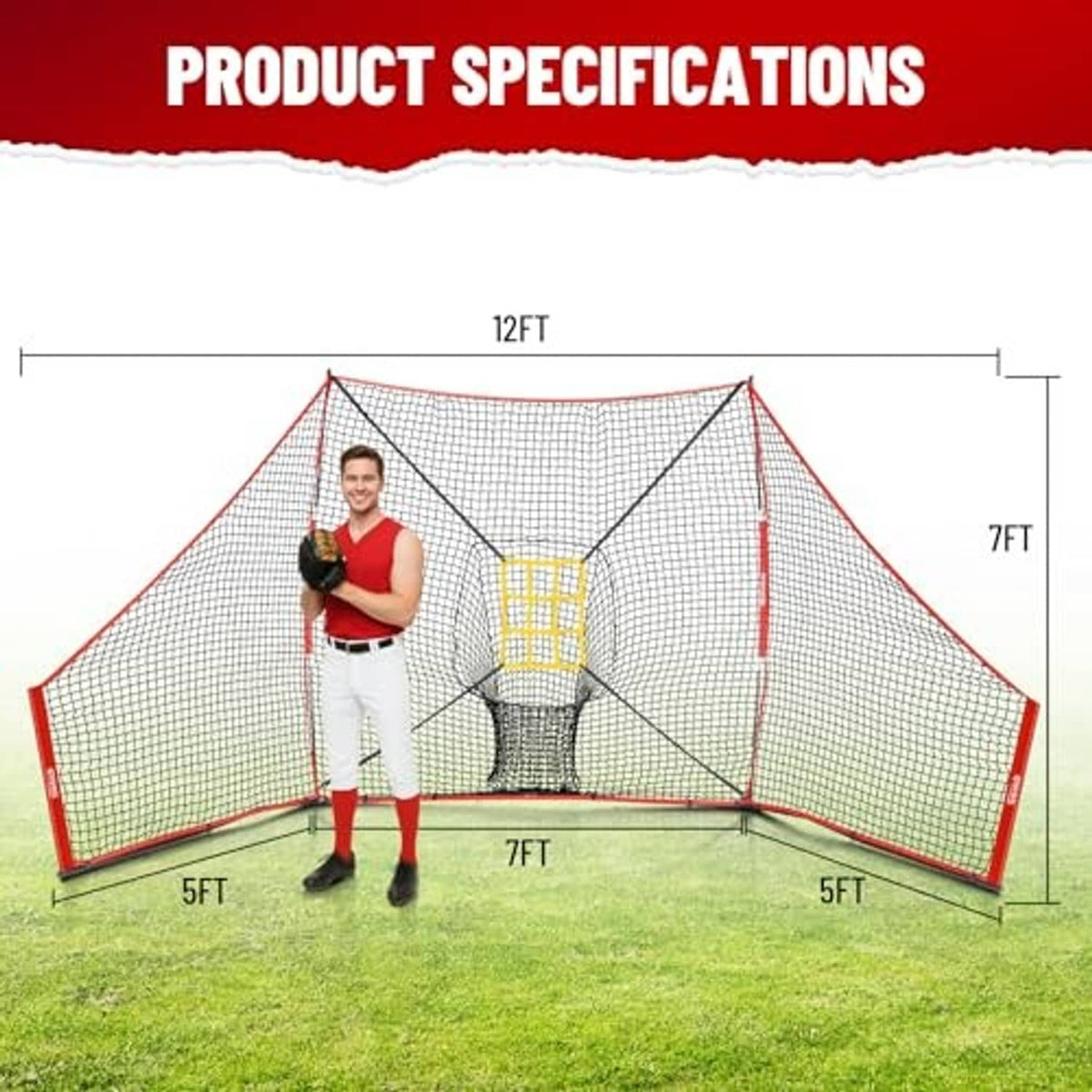 12 ft x 7 ft baseball training net with red frame and yellow target