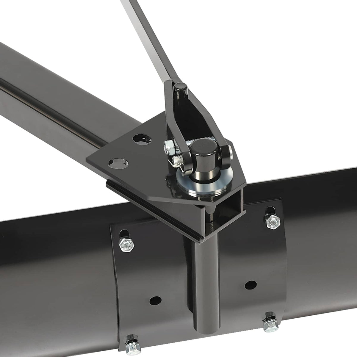 Tow-behind scrape blade hitch bracket with adjustable mount and hardware, black/gray steel