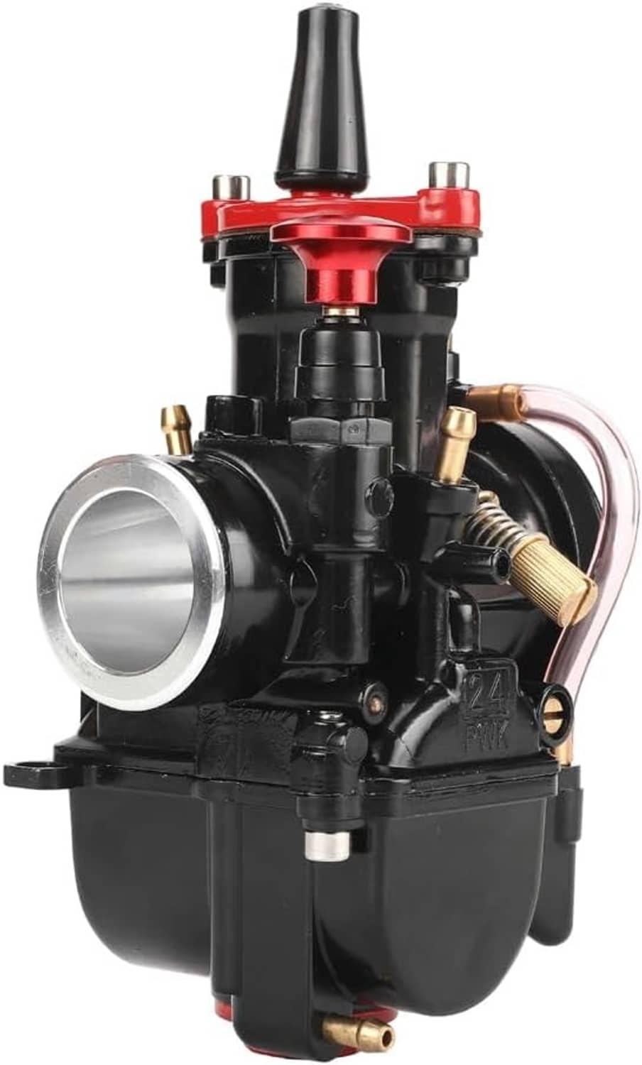 21mm motorcycle carburetor with silver intake bell, red clamp, and black housing