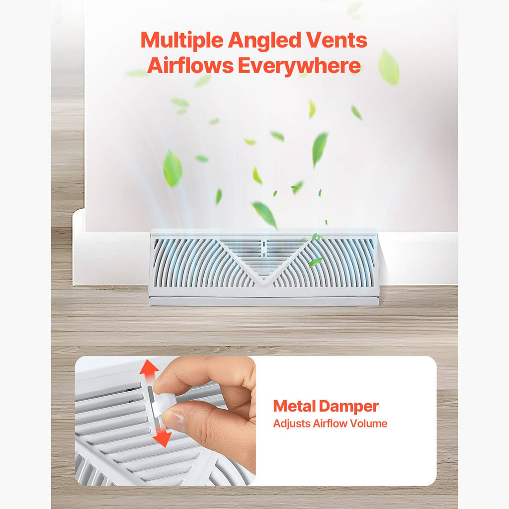 White baseboard floor register with multiple angled vent slats and V-shaped center grille.