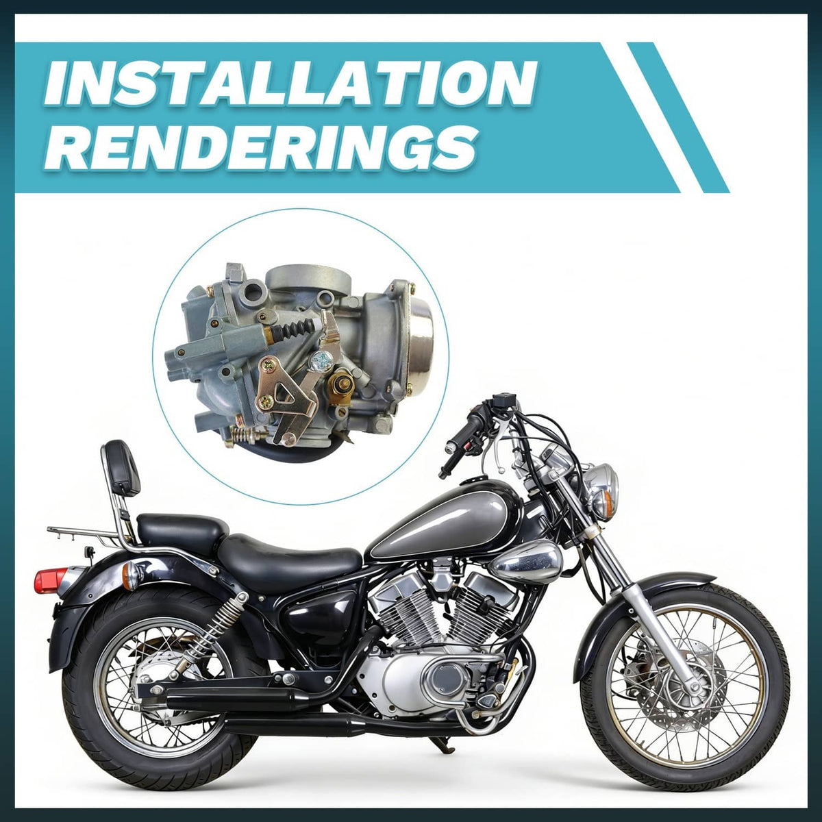 Carburetor installed view with mounting position on motorcycle engine area.