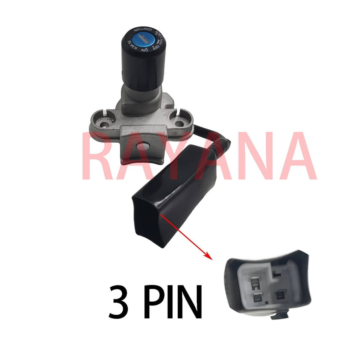 Fuel tank cap and ignition switch with 3-pin connector and key switch body