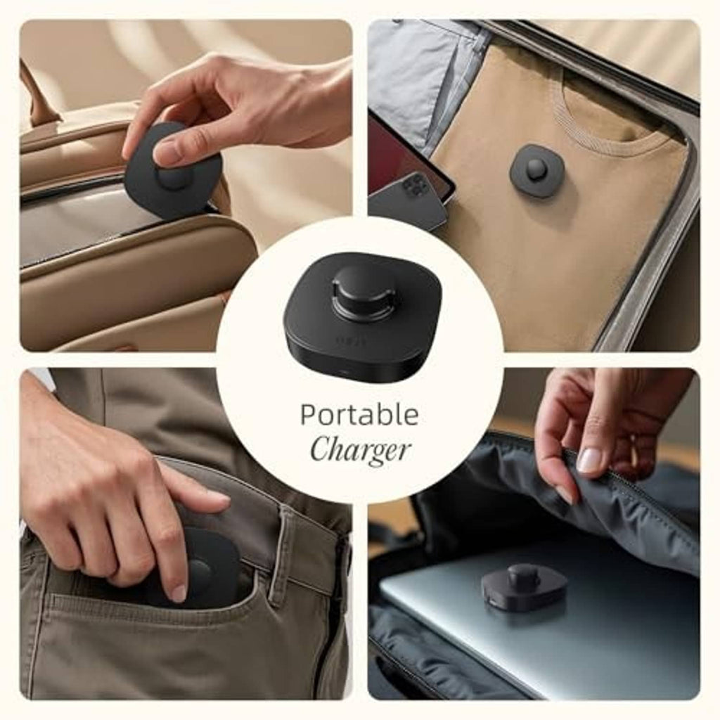 Portable black charging dock shown with hands and travel bag use