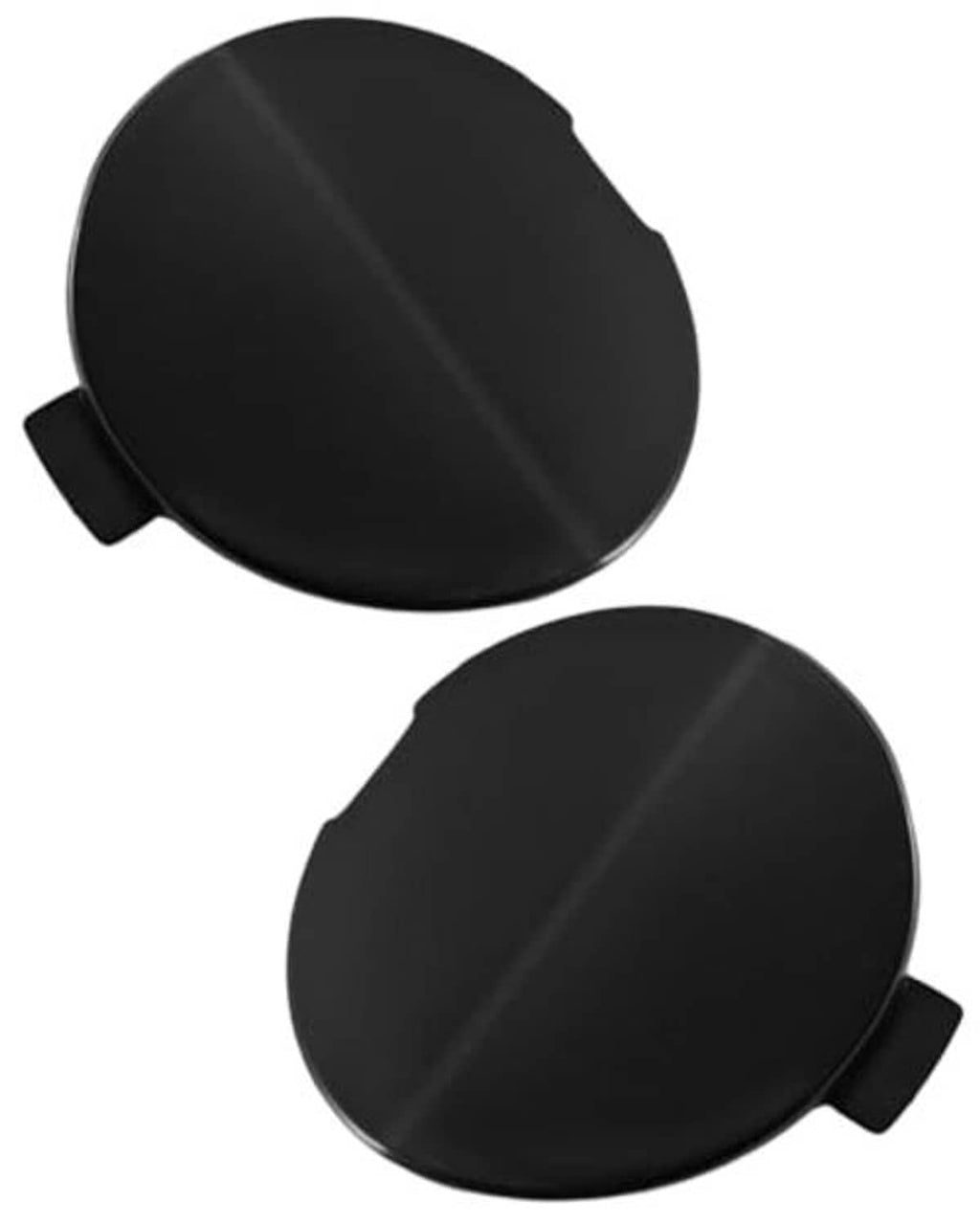 Black round bumper towing cover with side tab, shown from front and rear angles.