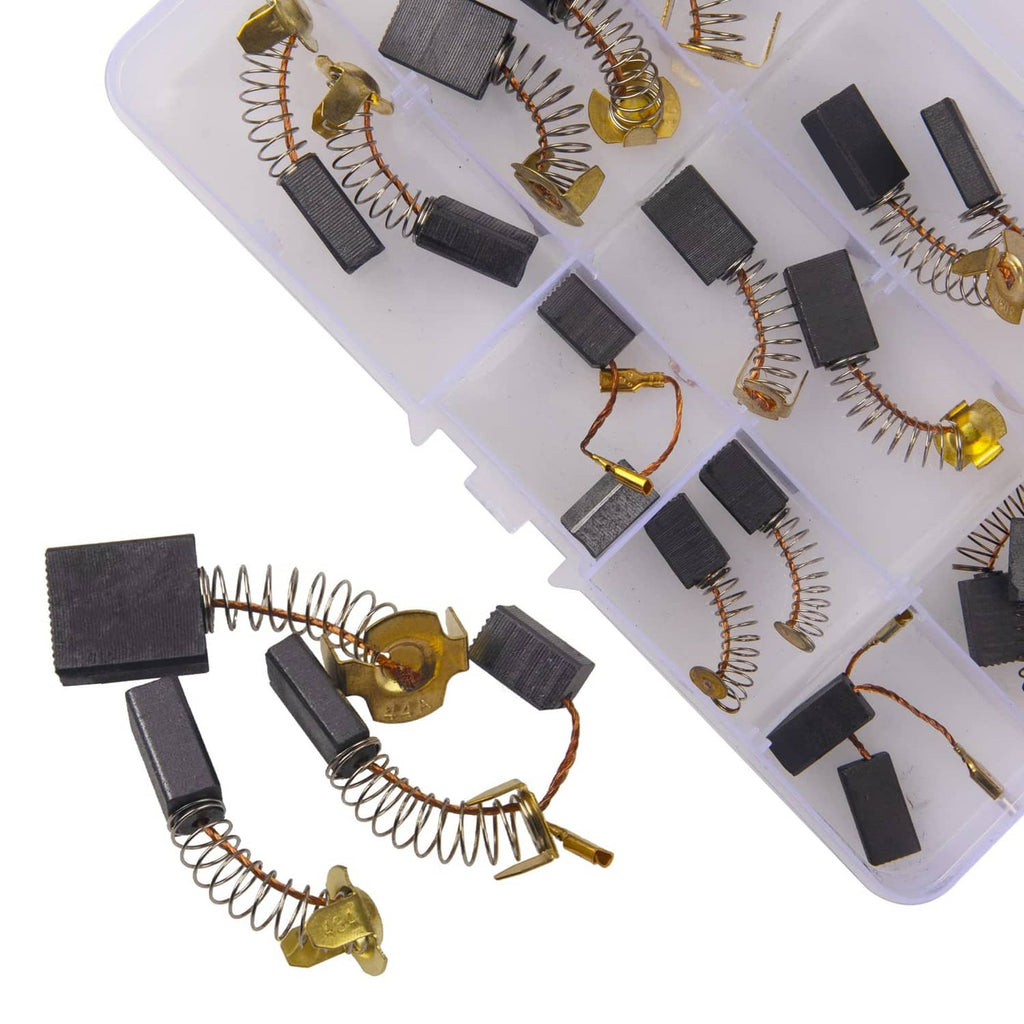 Assorted electric motor carbon brushes with coiled springs, black blocks and brass terminals