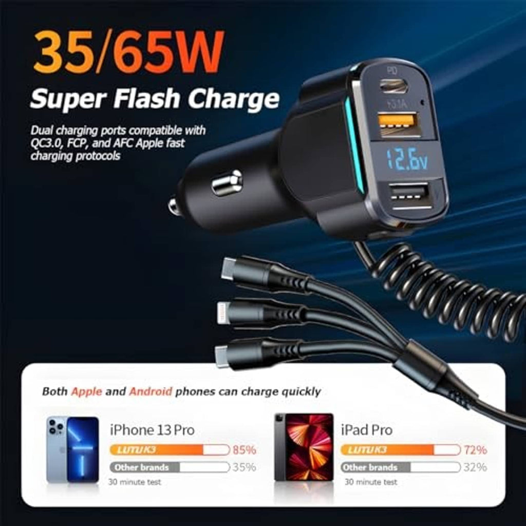 Black 3-port car USB charger with LED screen and included charging cables