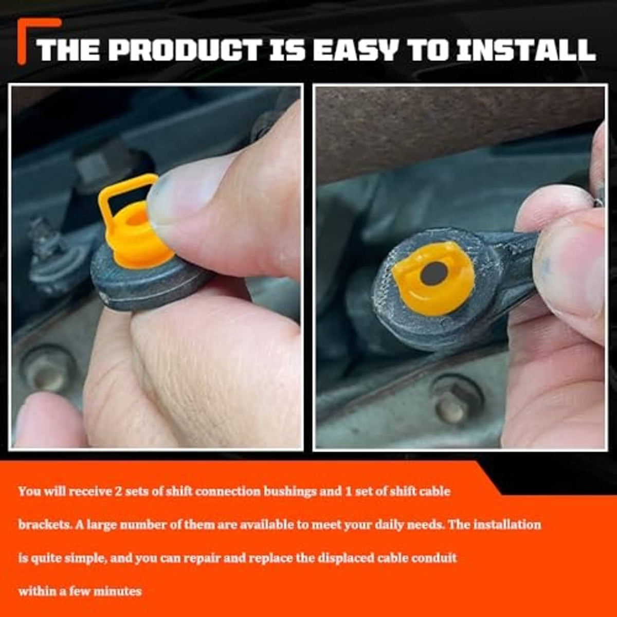 Transmission shifter cable bushing kit installation: yellow bushing on shifter linkage