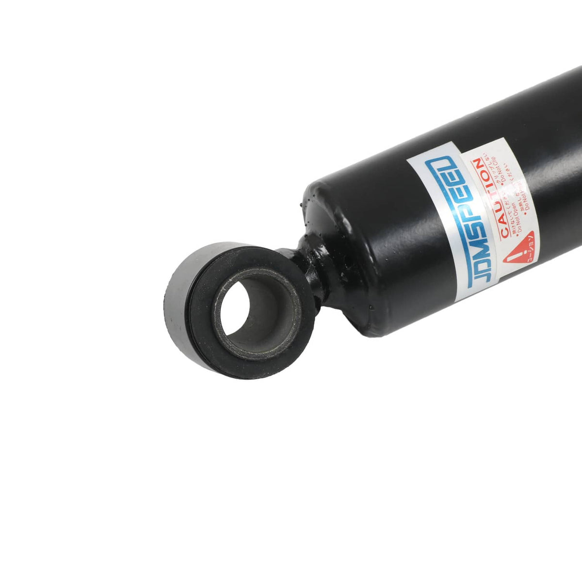Coilover strut with black body, circular bushing, and blue-and-red label