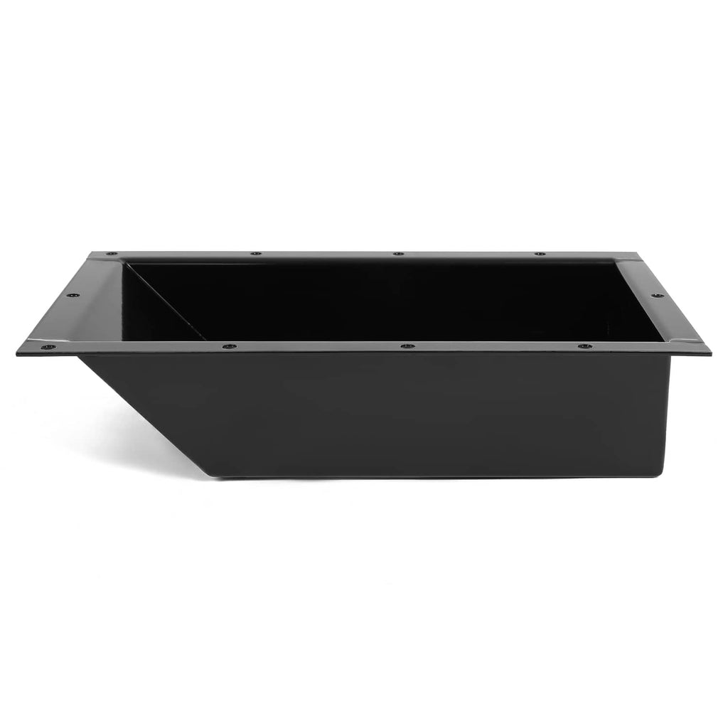 Recessed trolling motor foot pedal pan, side view of open black mounting tray