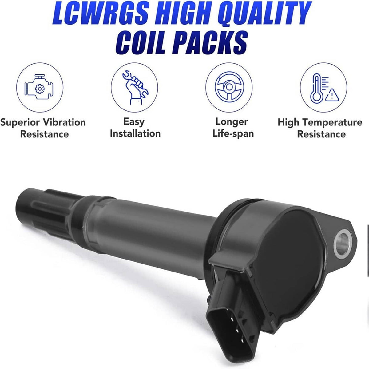Black ignition coil with cylindrical body and attached electrical connector