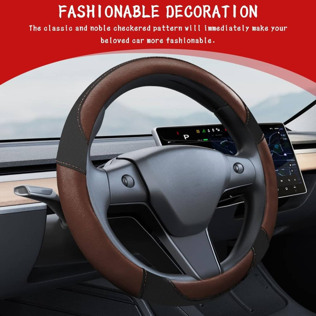 Brown leather-look steering wheel cover with stitched trim, wrapped over sporty steering wheel