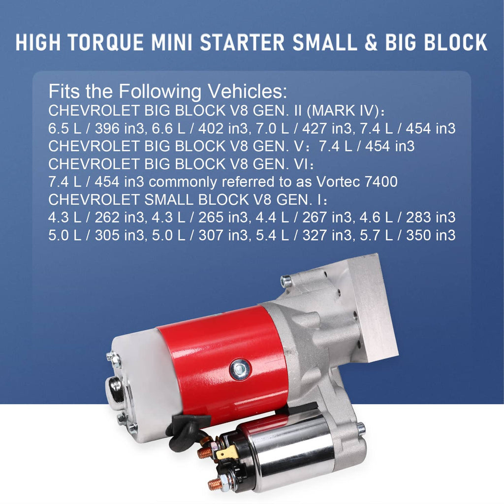 Red mini starter with silver aluminum housing and front mounting plate