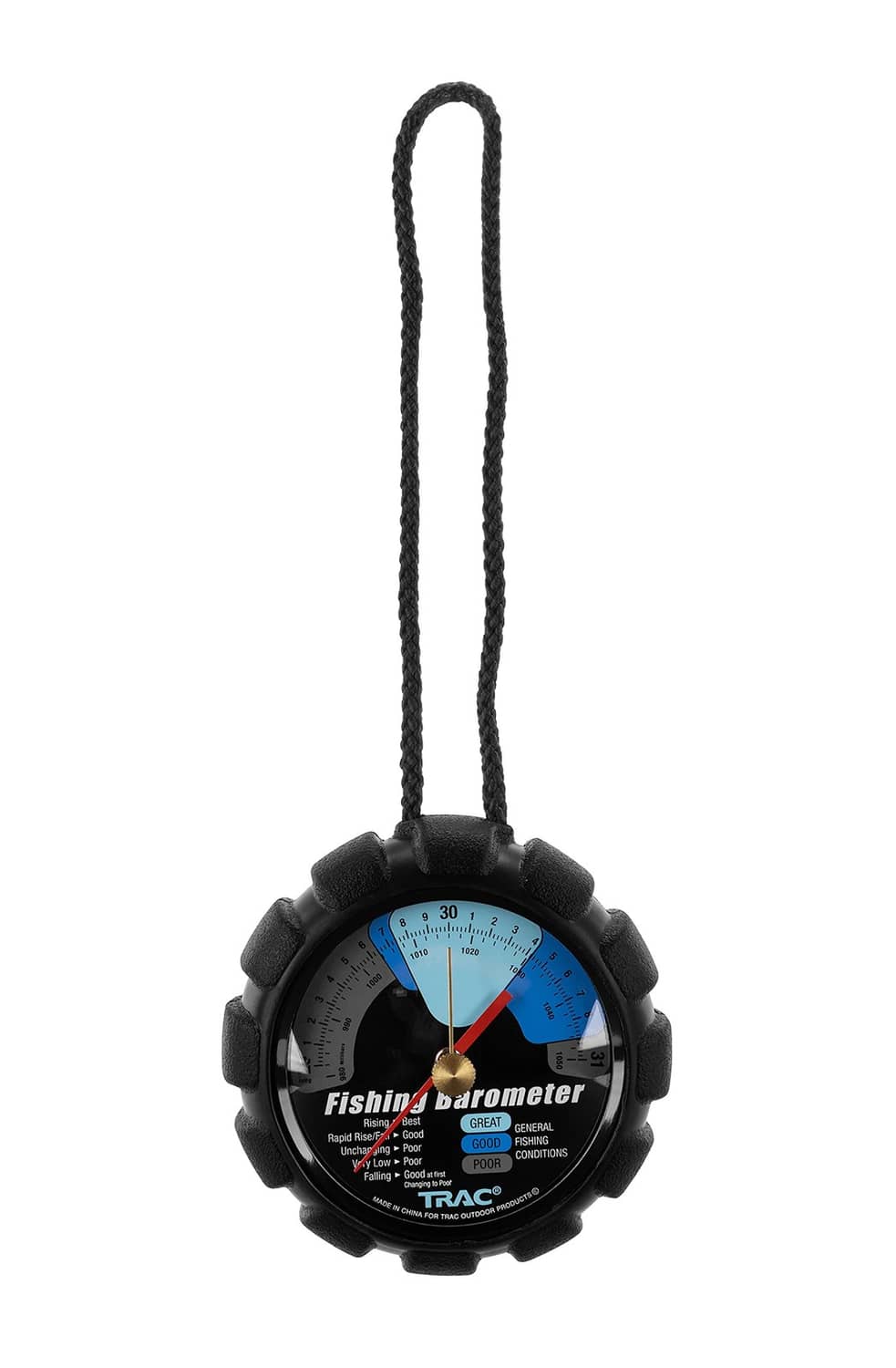 Black fishing barometer hanging on rope, blue dial with red pointer and scale