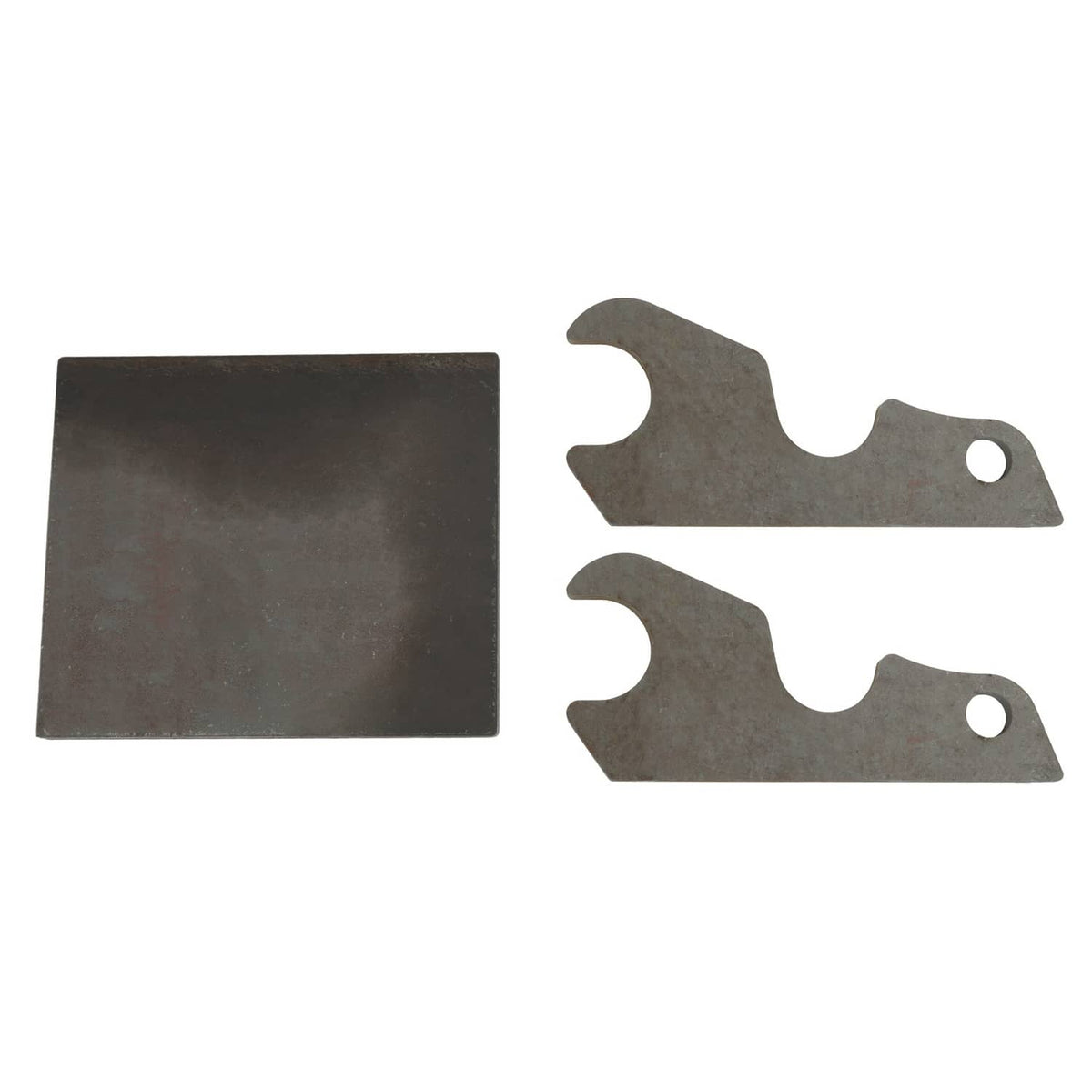 Set of dark steel quick-attach bucket bracket plates, one square base and two forked arms