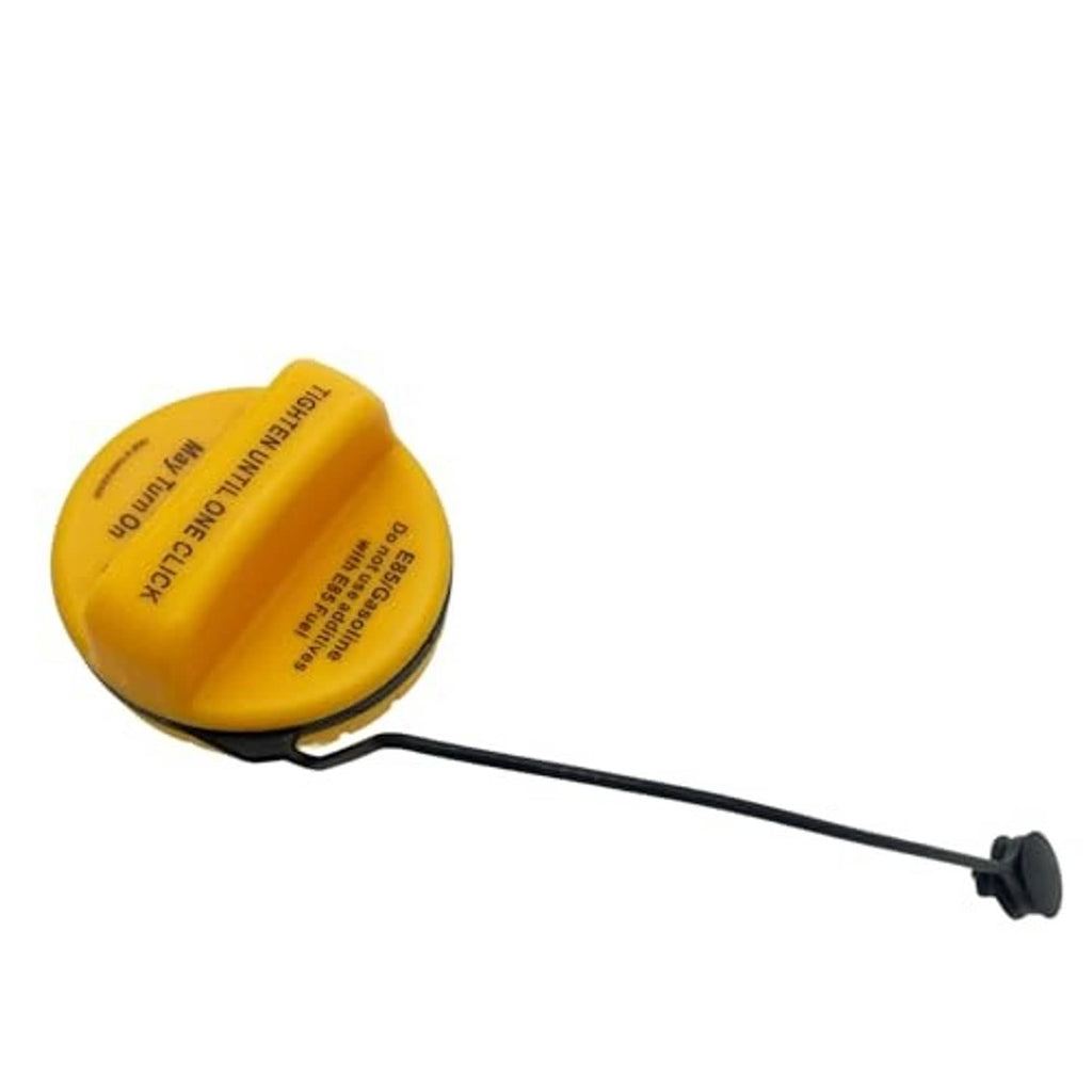 Yellow fuel tank filler cap with black tether cord, angled view of cap.