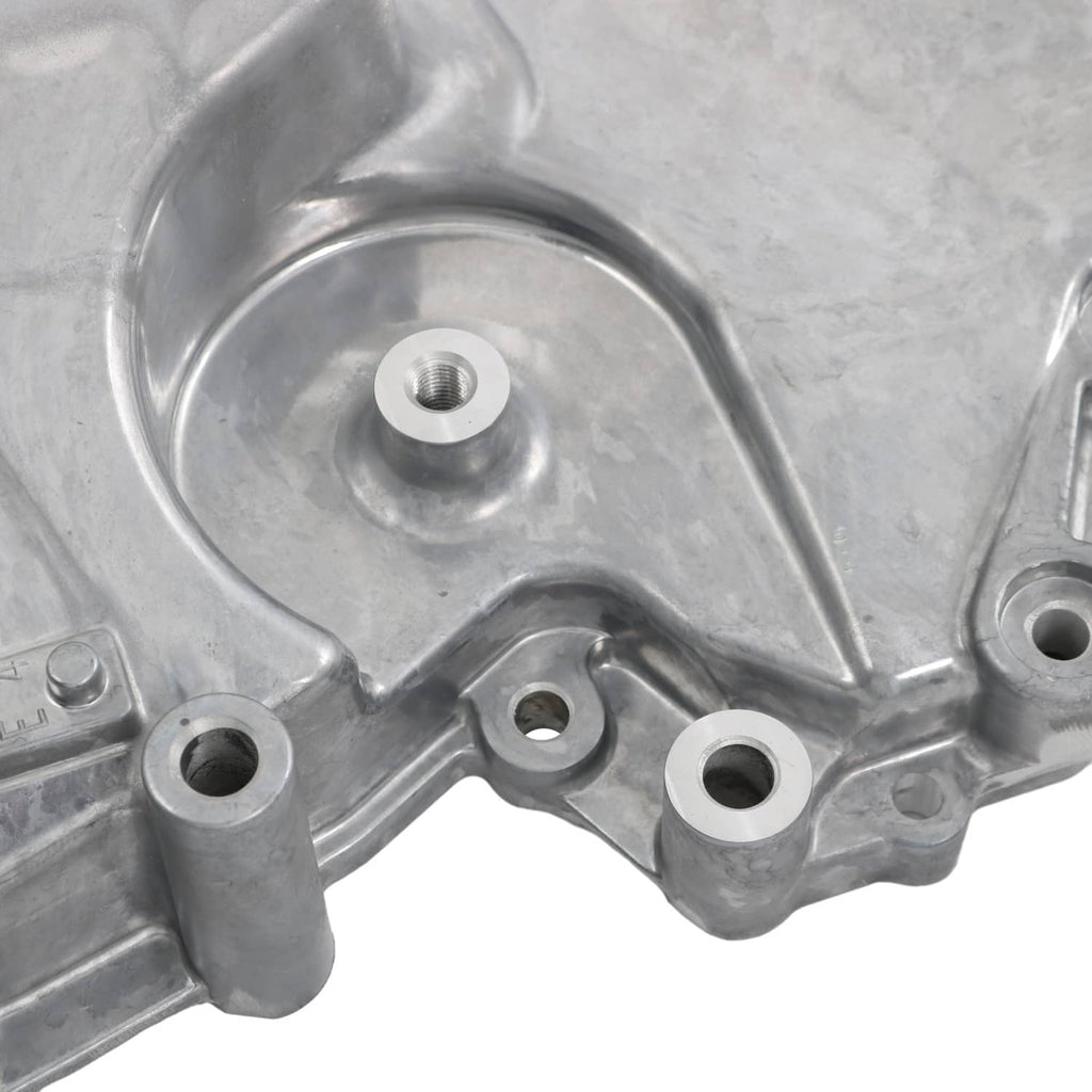 Timing cover oil pump housing close-up of circular gasket surface and mounting holes