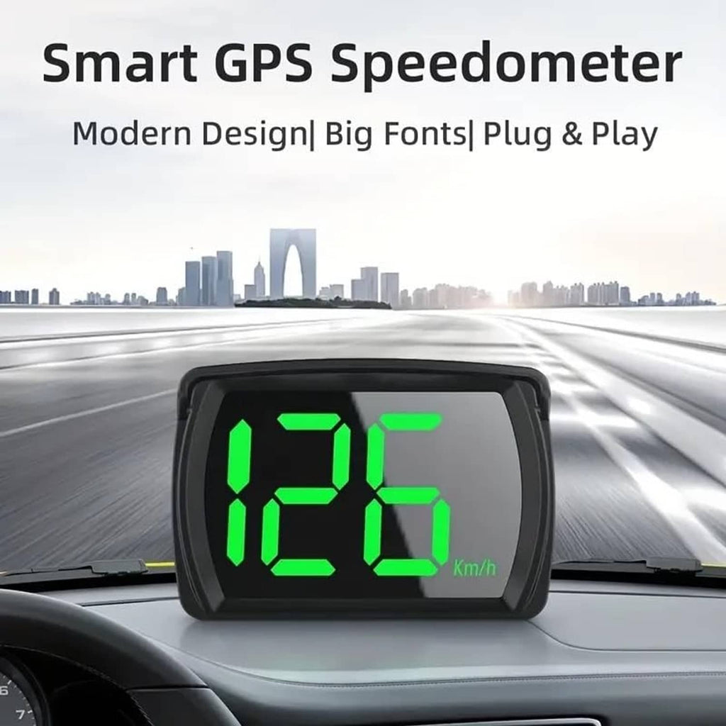 Front-facing HUD speedometer with large green digits on black housing
