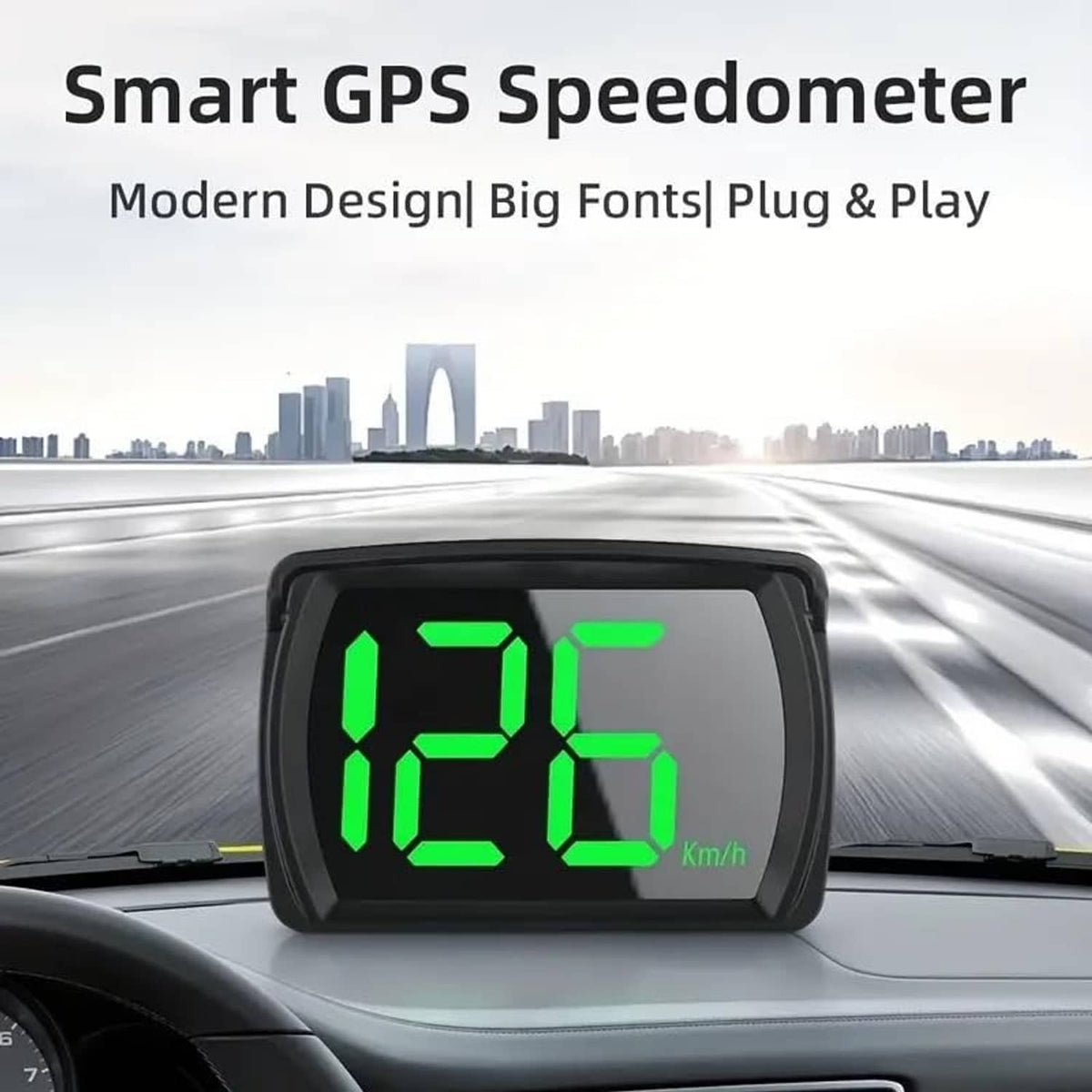 Front-facing HUD speedometer with large green digits on black housing