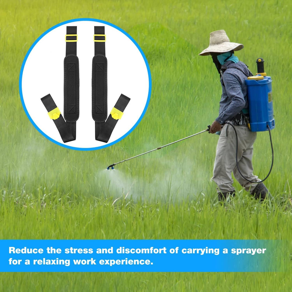Black sprayer backpack straps with yellow buckles, shown from side view