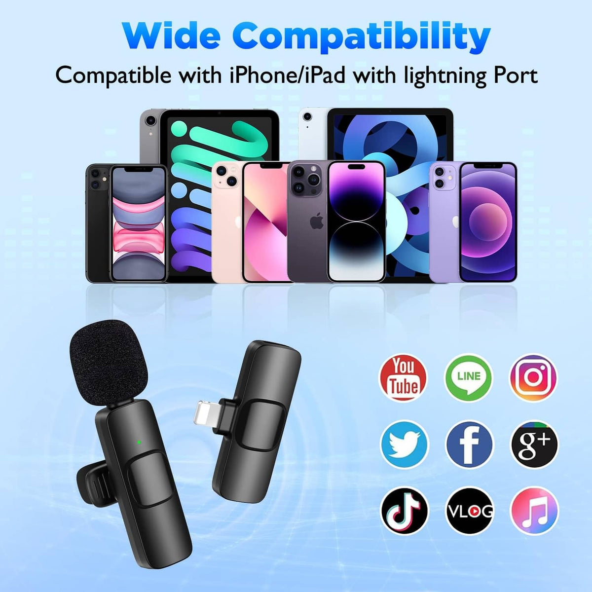 Two black wireless lavalier microphones with clips for Lightning iPhones