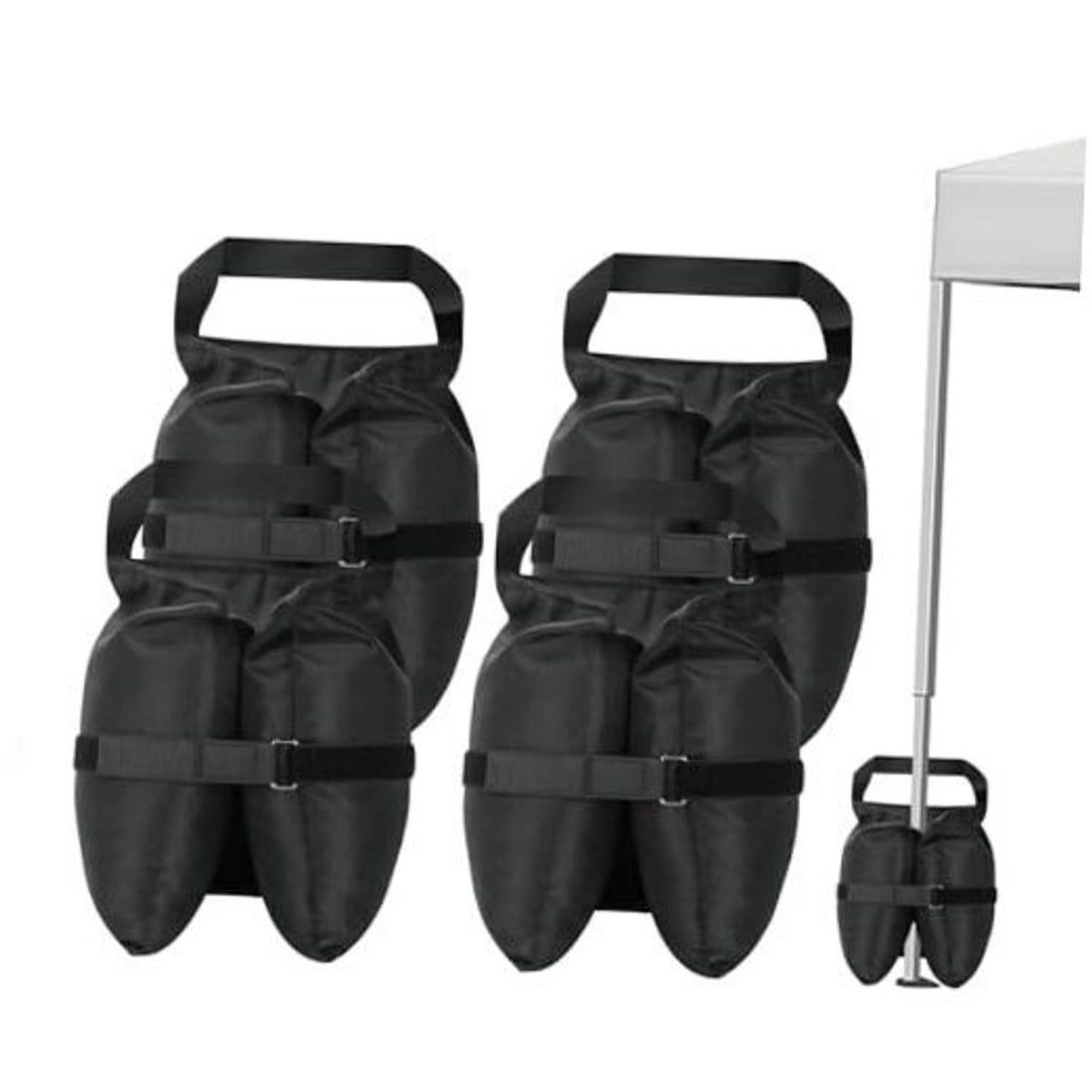 Set of 4 black canopy sandbags with carry handles and strap legs