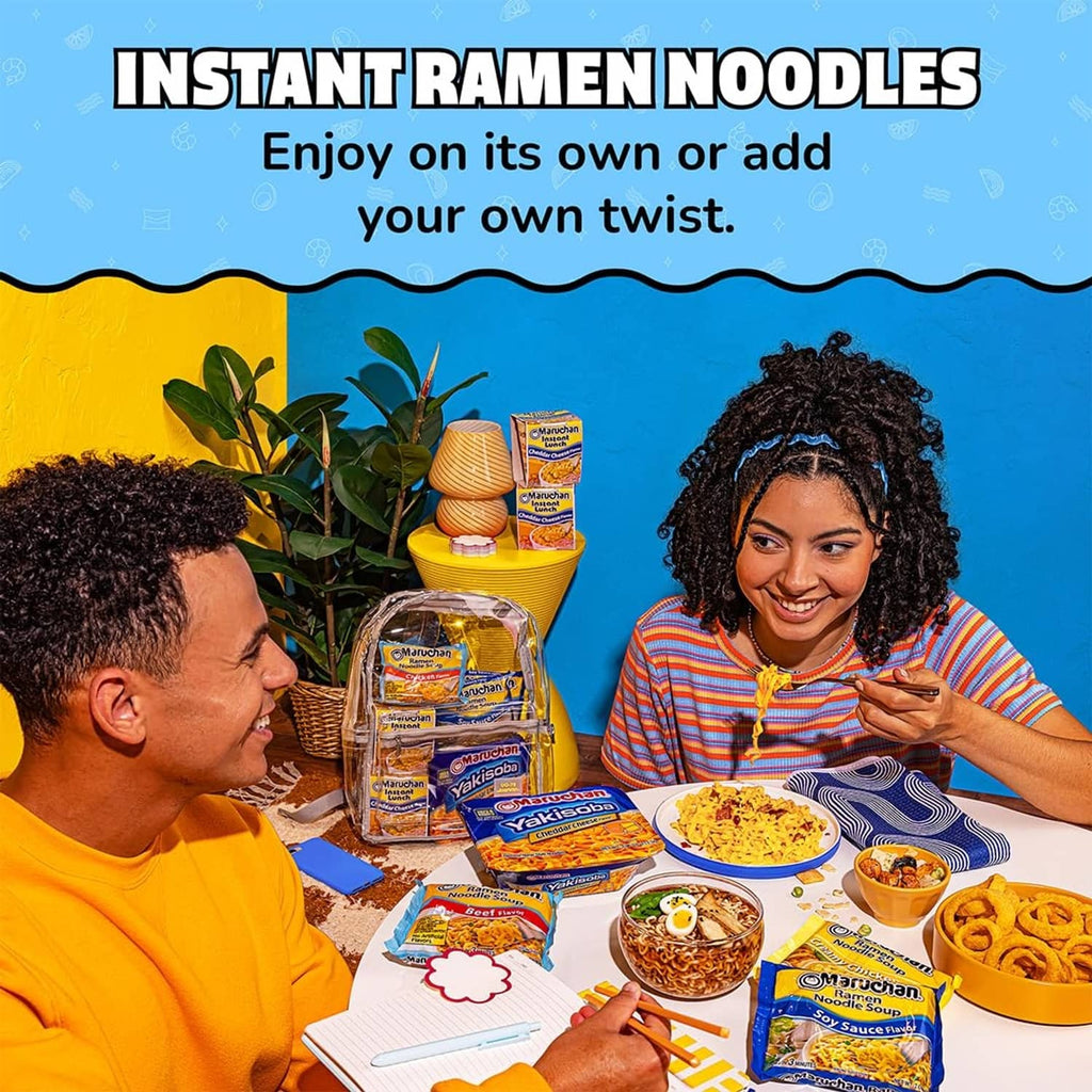 Instant ramen noodles with serving suggestion text and ramen packages
