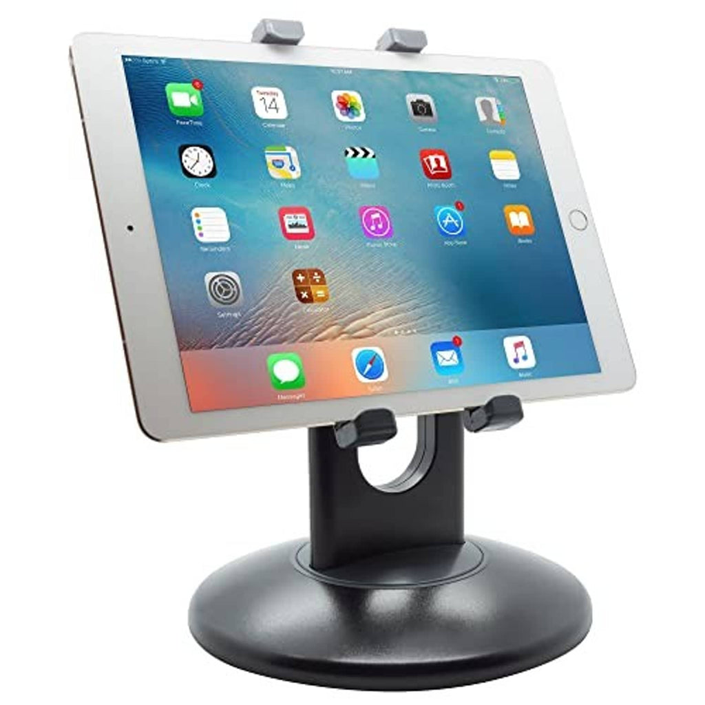 Tablet stand with black base and gray clamps holding an iPad with white bezel