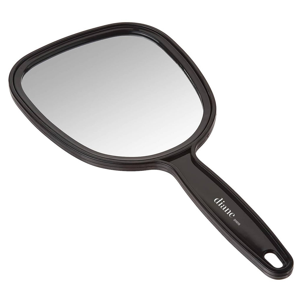 Black single-sided magnifying mirror with oval lens and contoured grip handle