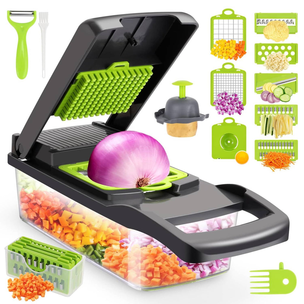 Gray and green vegetable chopper with slicer base and green blade panel, plus attachments