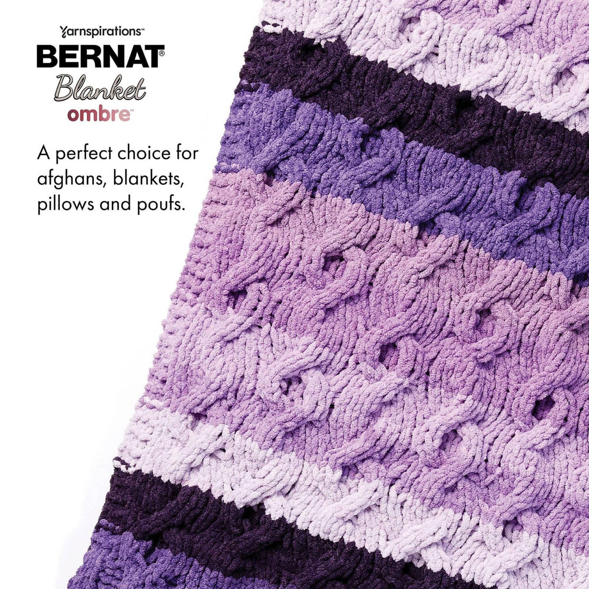 Lavender and plum ombre crochet blanket with thick raised cable-knit texture