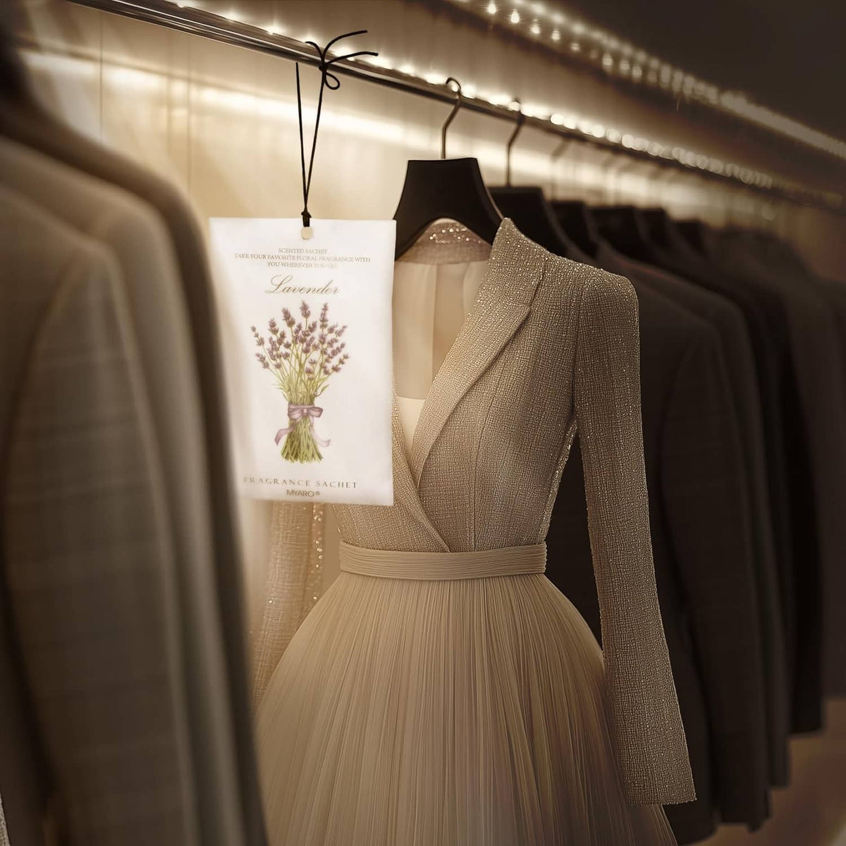 Lavender fragrance sachet hanging on a garment hanger with white bag and lavender art