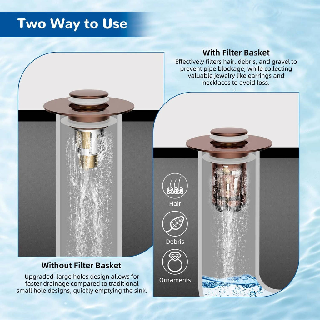 Rose gold pop-up sink drain stopper with filter basket for two ways to use