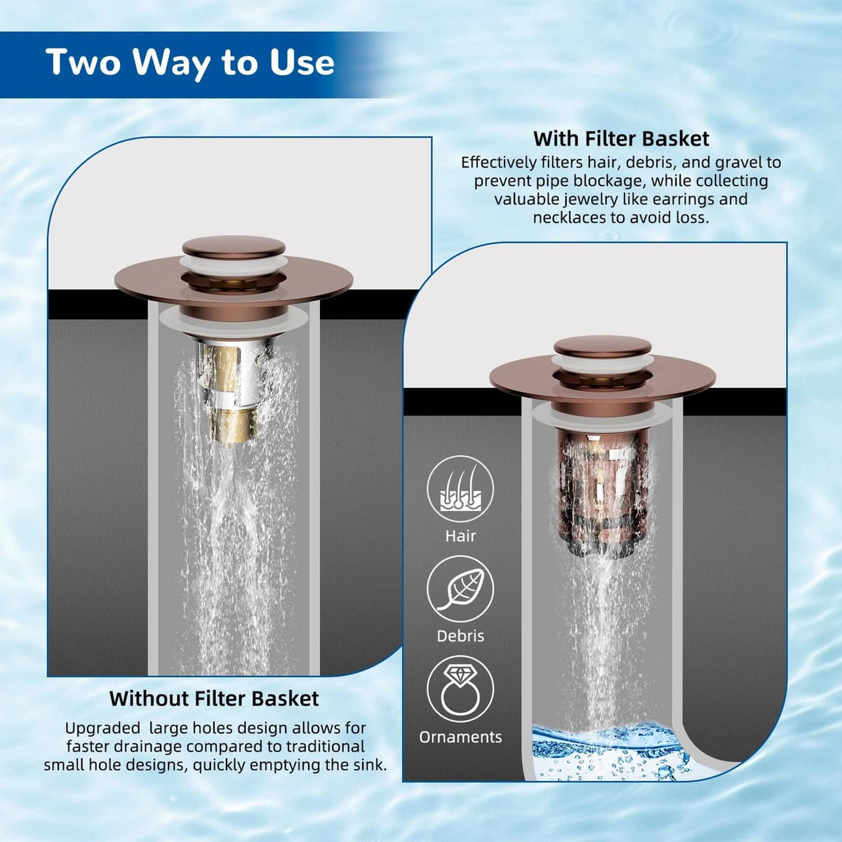 Rose gold pop-up sink drain stopper with filter basket for two ways to use