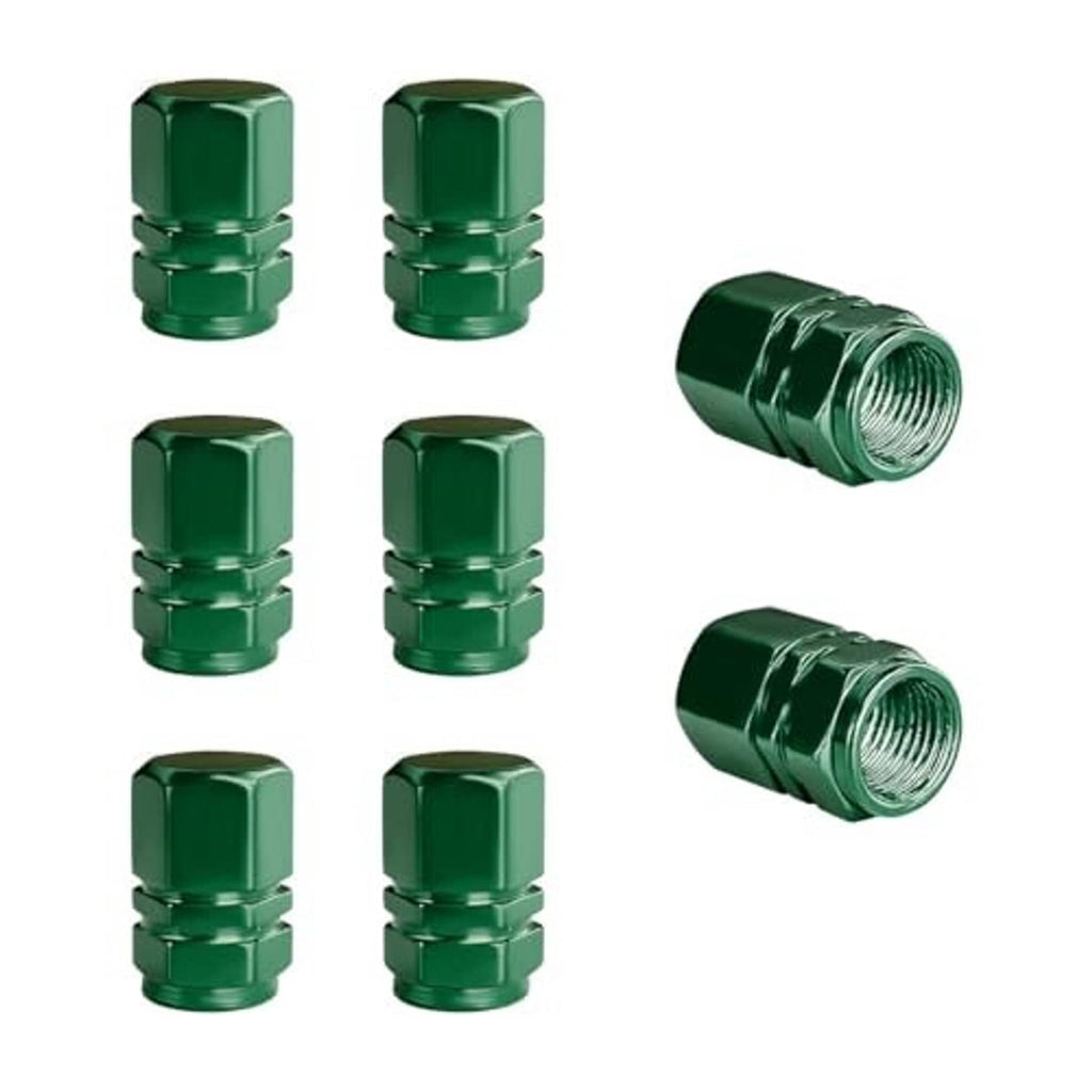 Green tire valve caps, aluminum alloy threaded ends, set of 8