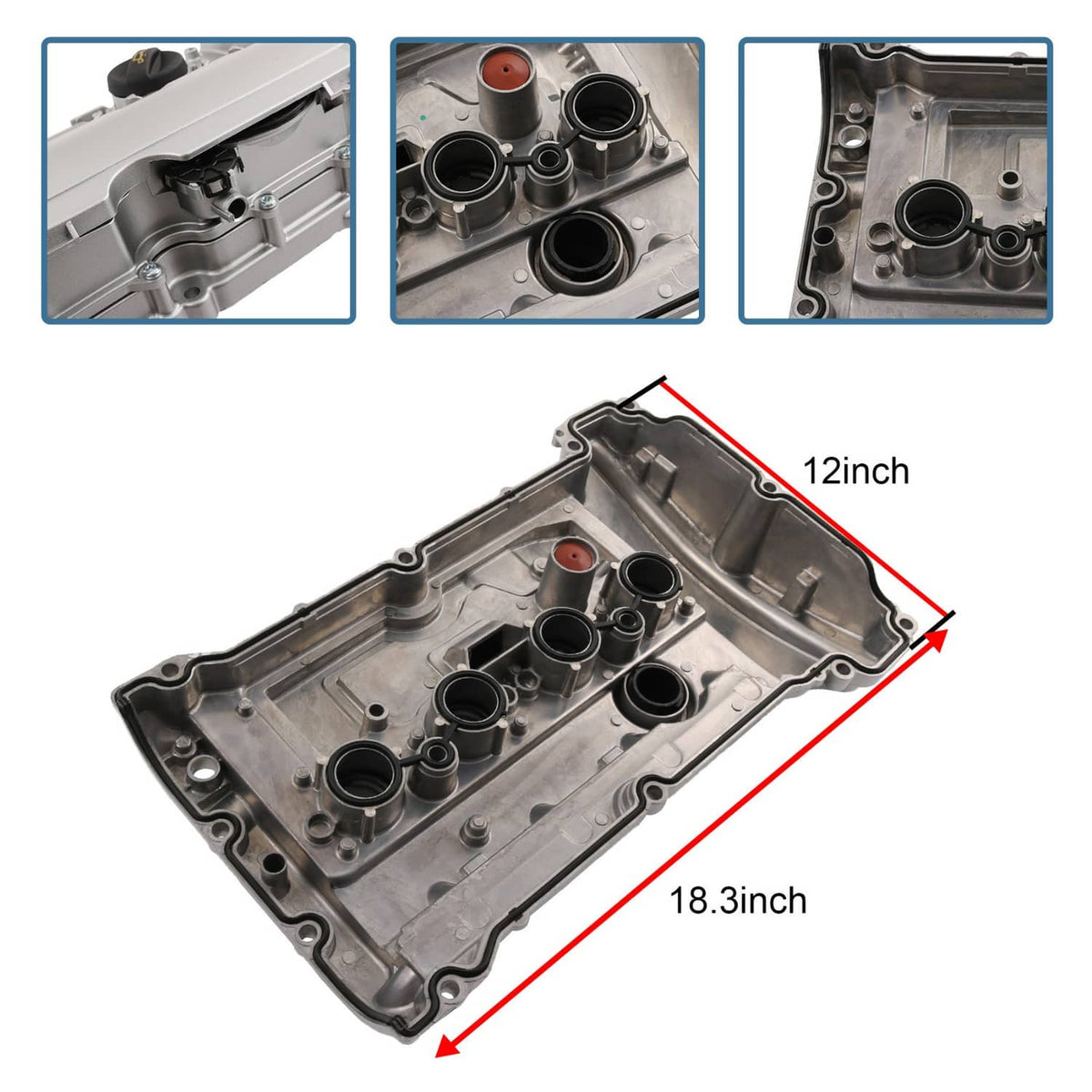 Silver aluminum valve cover with multiple ports and matching gasket, angled view