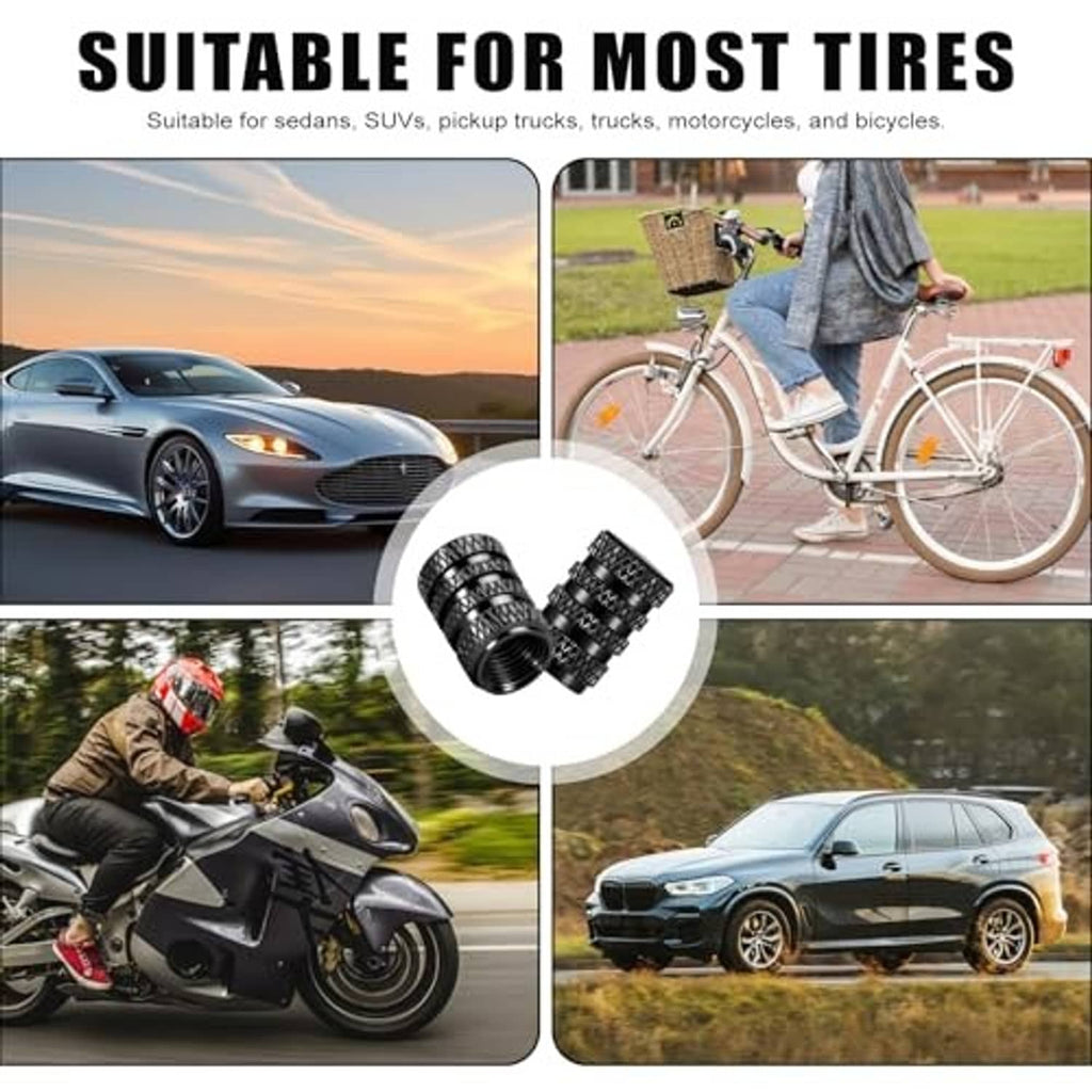 Black knurled tire valve stem caps shown for cars, motorcycles, and bicycles