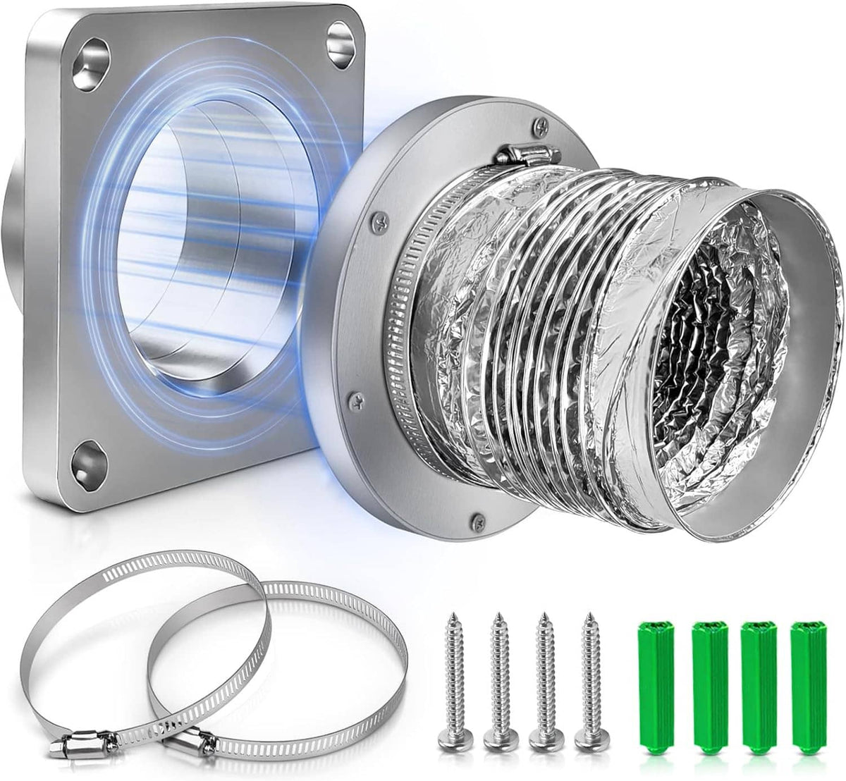 Magnetic dryer vent coupling with round flanged connector, foil hose, screws and clamps