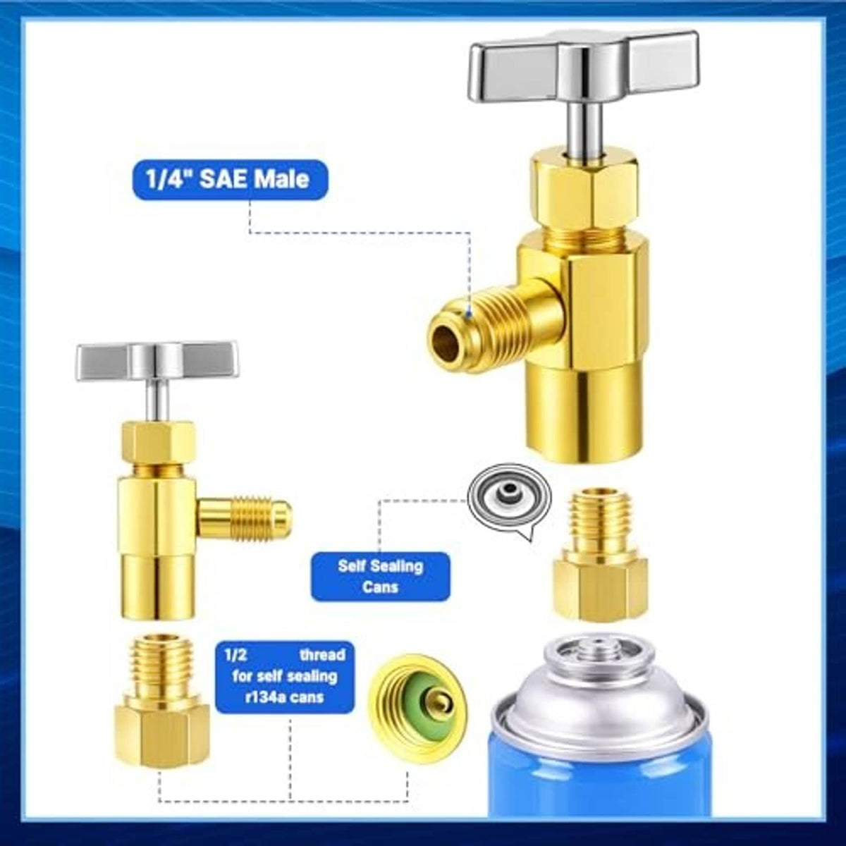 1/4in SAE self-sealing can tap valve with brass body and replaceable parts