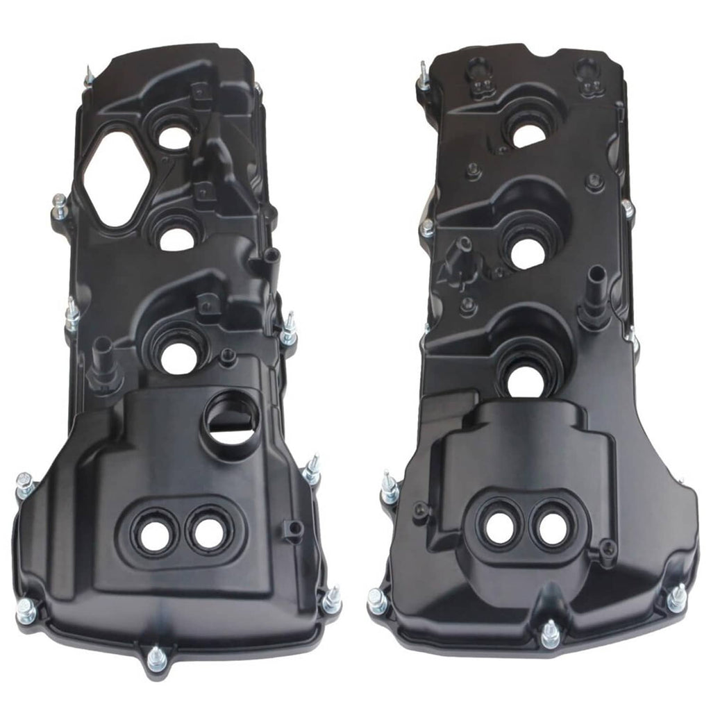Pair of black valve covers with round ports and mounting holes on front faces
