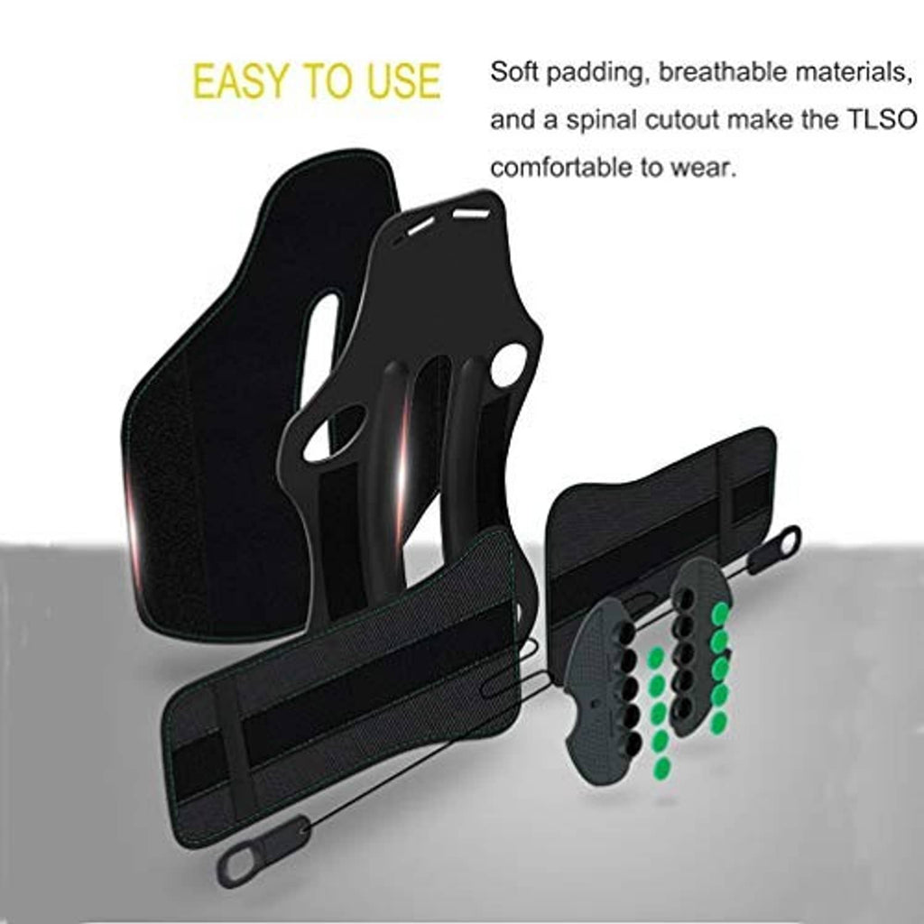 Black thoracic brace with padded side supports and wide fastening strap