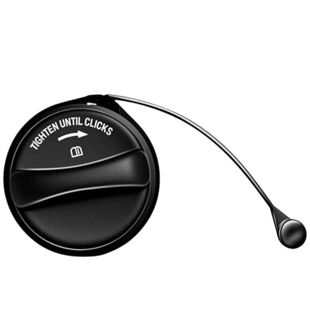 Black fuel tank cap with long tether strap and click-tight indicator