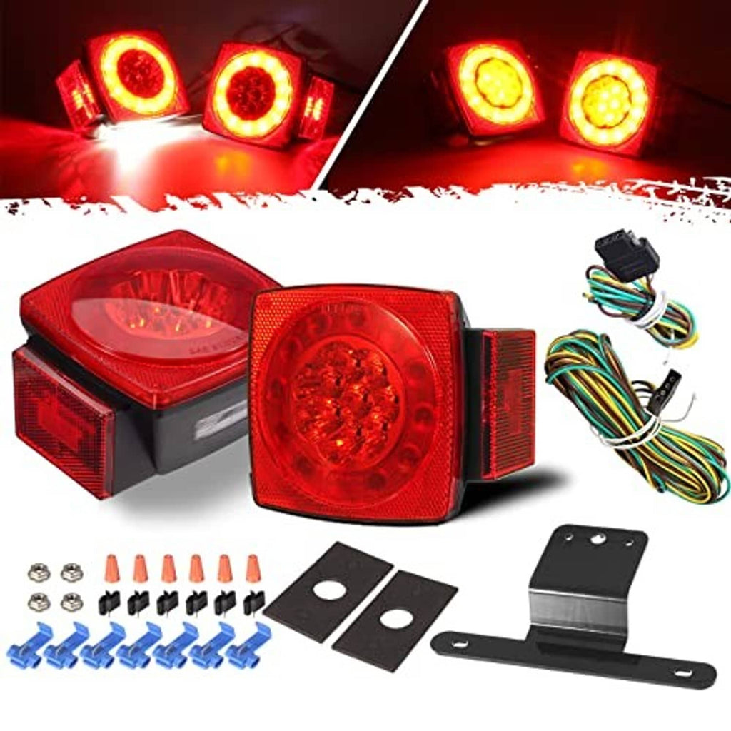 Square red LED trailer tail lights kit with two lights, wiring, and mounting brackets