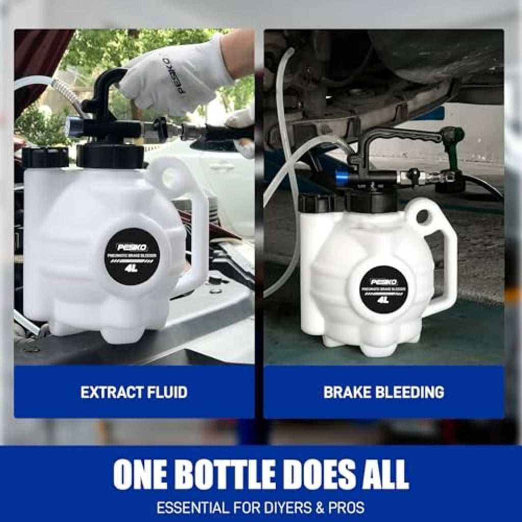 Vacuum brake bleeder kit with two white bottles and tubing for fluid extraction and bleeding