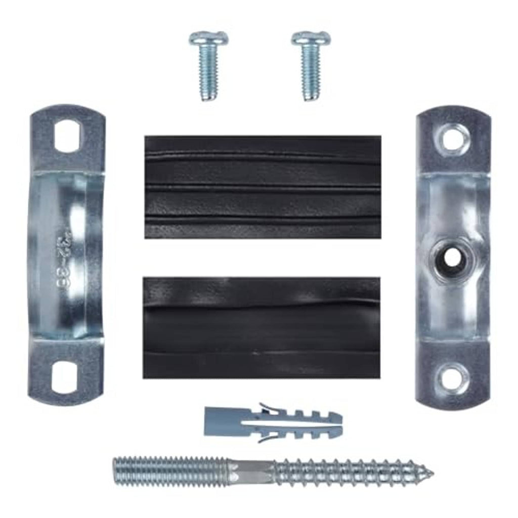 Galvanized pipe hanger bracket pieces with black insert and mounting hardware screws.