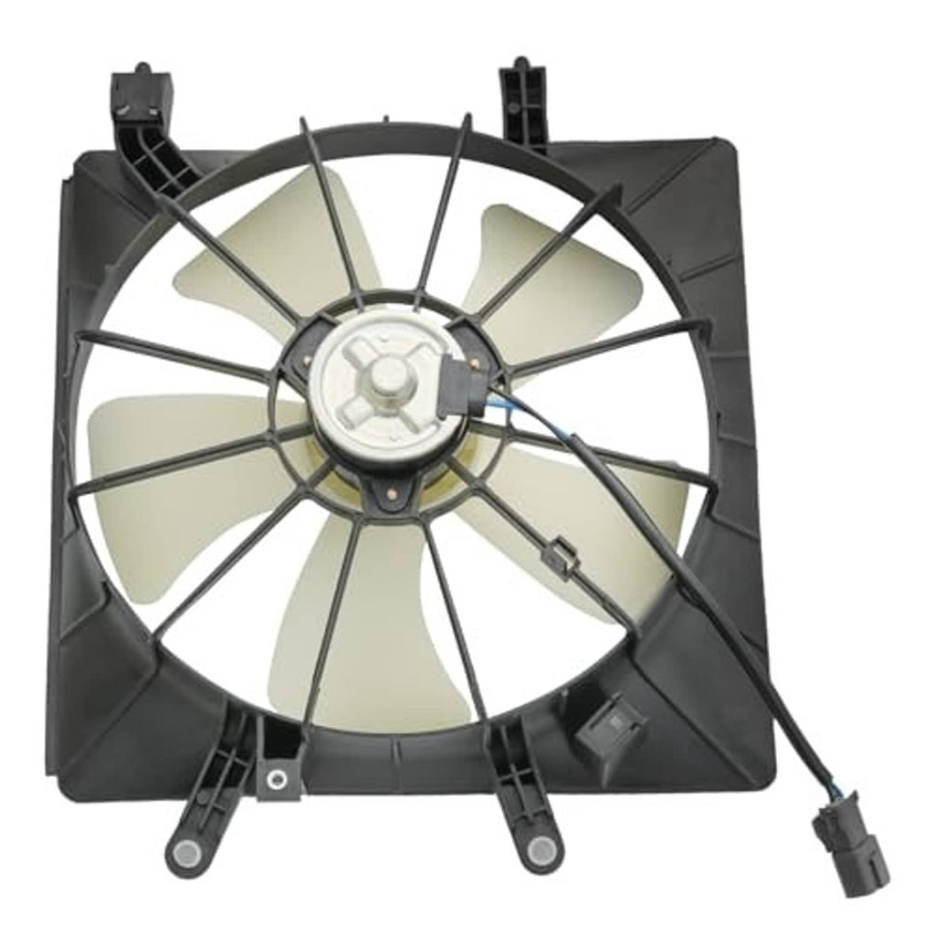 Engine radiator cooling fan assembly showing front view of black shroud and fan blades