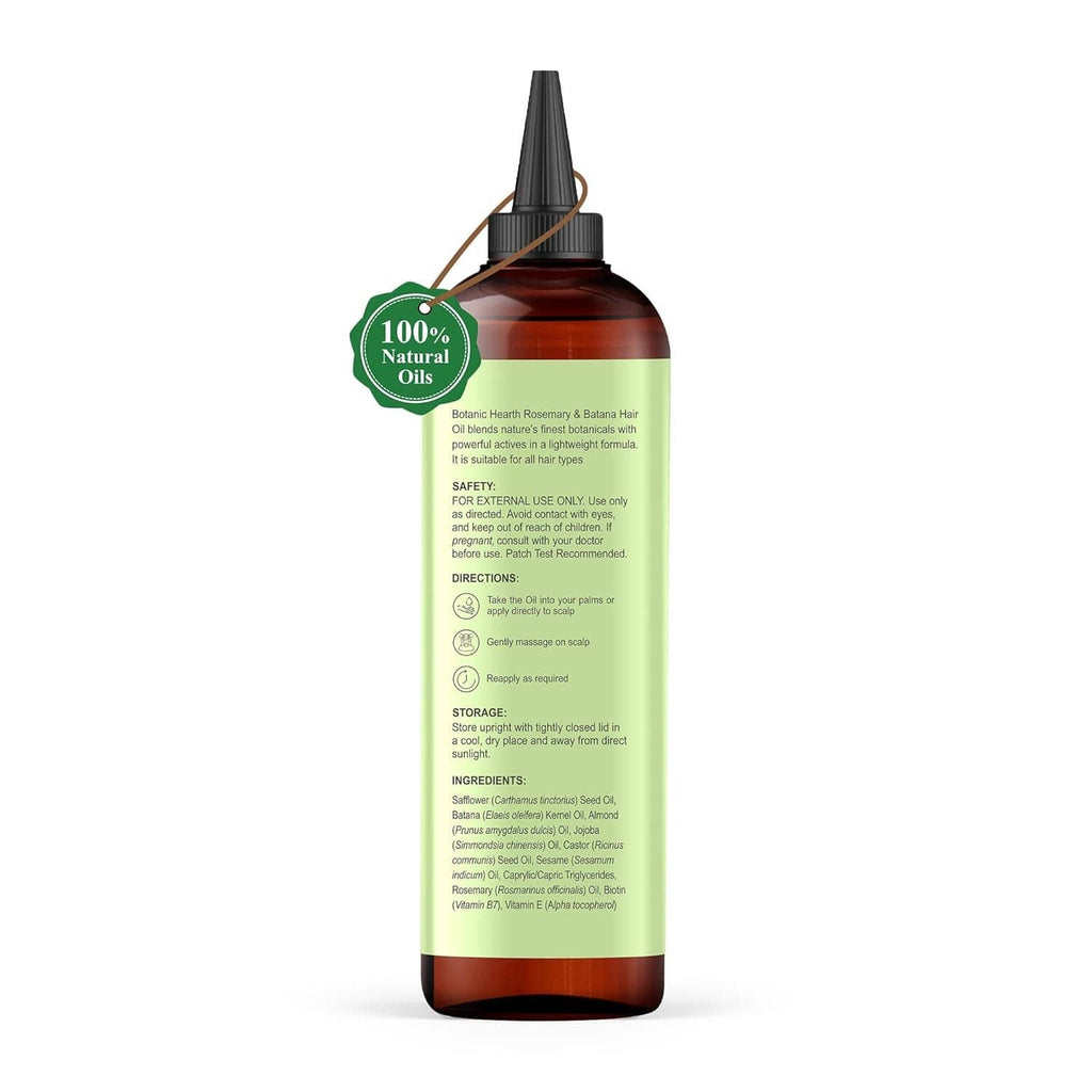 Botanic Hearth rosemary & batana hair oil bottle side view with 100% natural oils badge