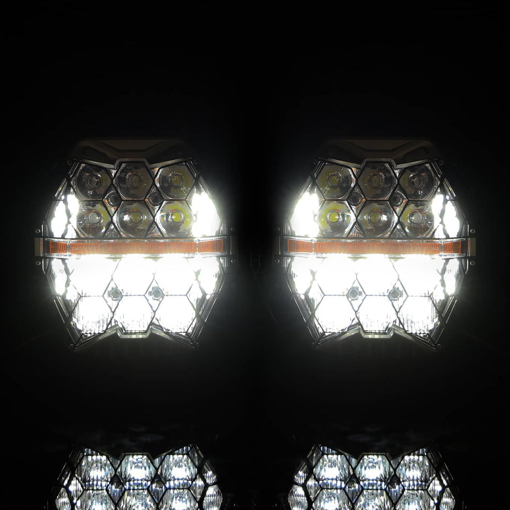 Dual LED headlight projector housings with bright white hexagonal lens arrays