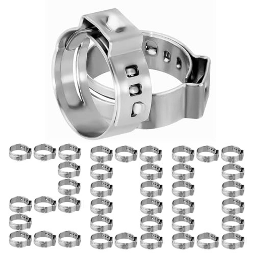 200 stainless steel single-ear hose clamps, 1/2 inch, laid out for reference