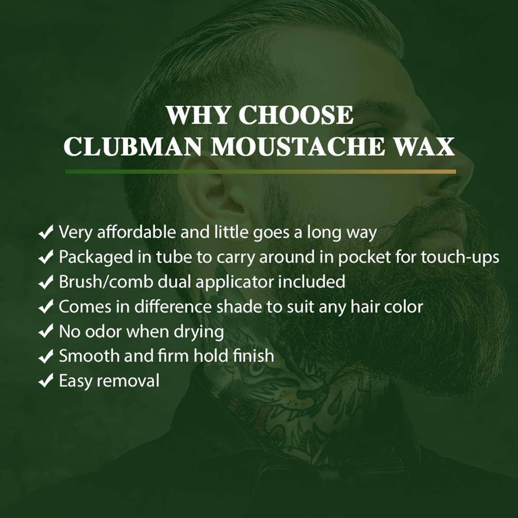 Black mustache wax tube on card with “Why Choose” heading